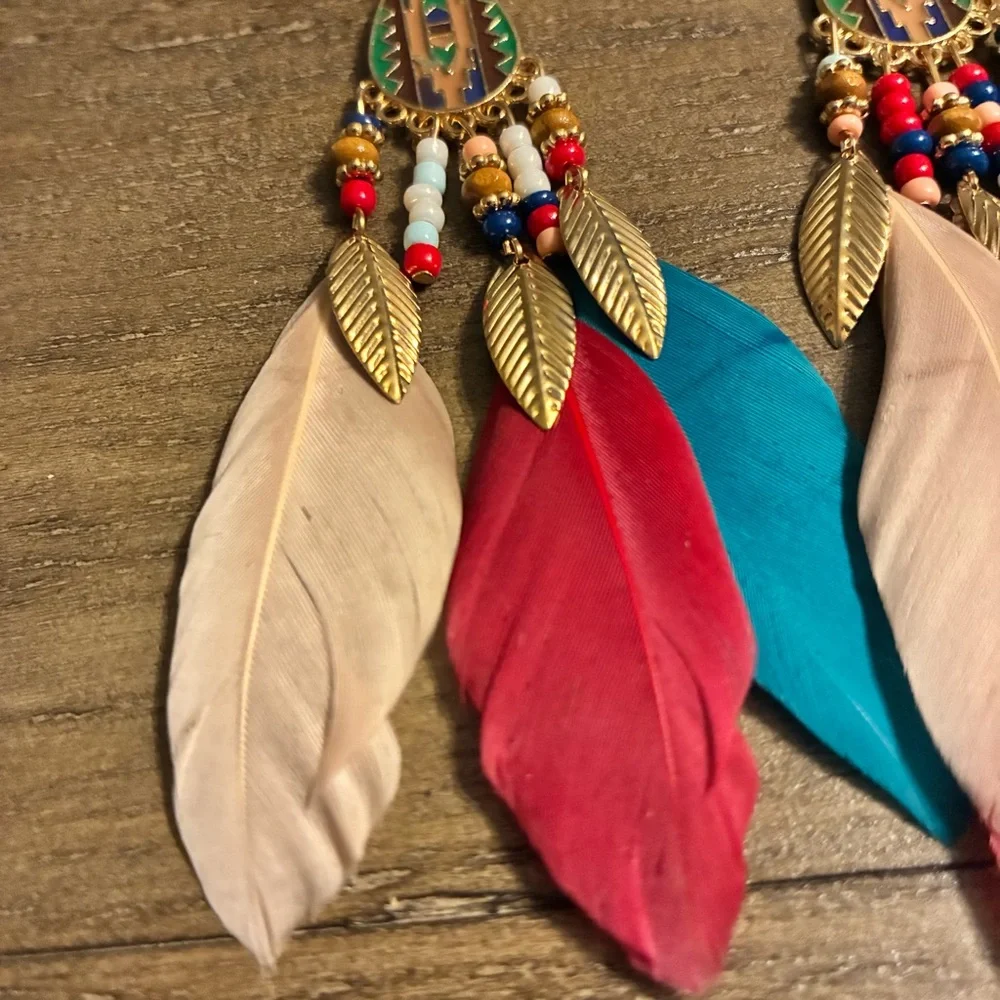 Boho Feather Dangle Earrings Southwestern Aztec Beaded Statement Jewelry NEW - Picture 4 of 6